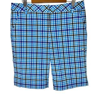 Puma Dry Cell Golf Tech Plaid Golf Shorts Size 8 Blue White Flat Front Stretch